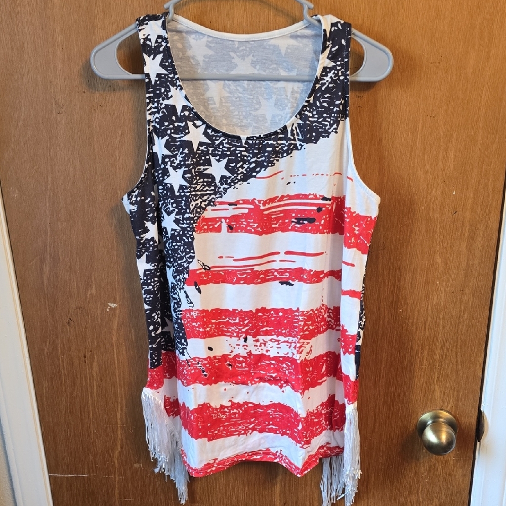 SHEIN Red White Blue American Flag Fringe Tank Top